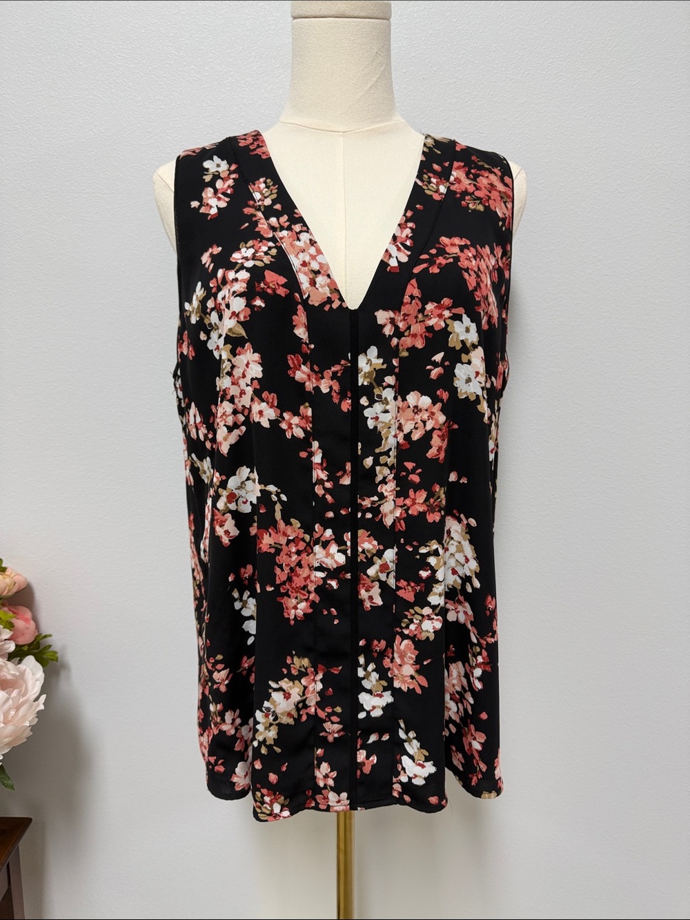White House Black Market Black Floral V-Neck Tank with Pink & White Blossoms